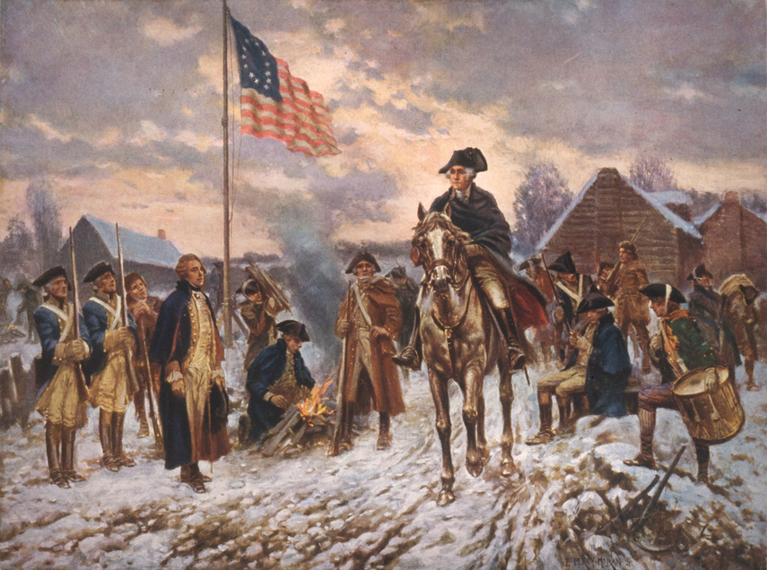 The American Revolution, George Washington at Valley Forge, President George Washington on horseback in snow at Valley Forge, by Percy Moran, circa 1911.